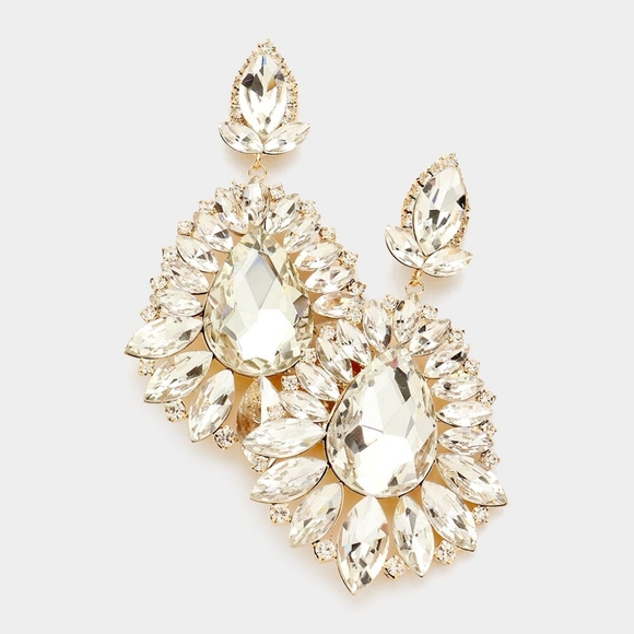 Gold Cluster Marquise Stone Crystal Dangle Earrings Teardrop Statement Evening - Picture 1 of 4